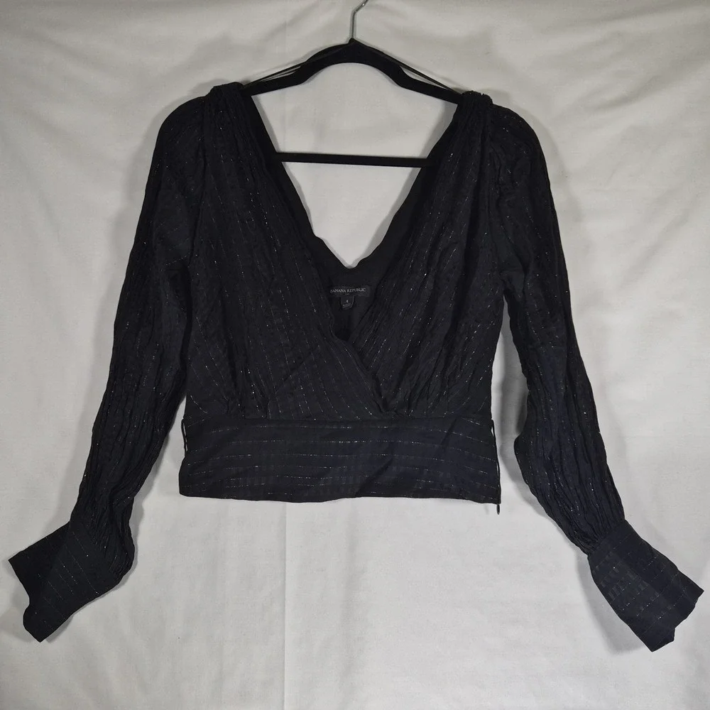 Banana Republic Black Metallic Stripe Wrap Blouse Women's Size 4 Puff Sleeve
